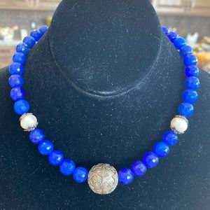 Sterling Silver, Genuine Pearl and Blue Chalcedon